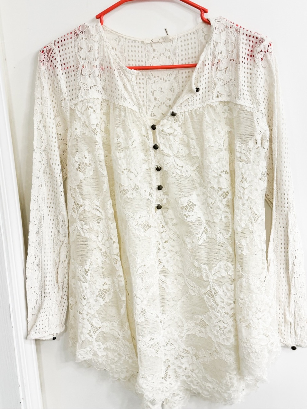 Anthropologie Floreat Lace Button-Front Long Sleeve Top in Ivory Sz US 8